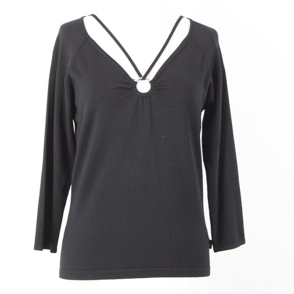 BCBG Maxazria Top NEW $145 Sz L Black 3/4 Sleeve Silk Nylon Spandex Pendant Top - Picture 3 of 16